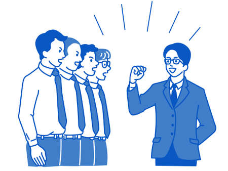 Businessman raising hand, holding fist, and giving speech to encourage his team with cheerful expression. Outline, thin line art, hand drawn sketch design, simple style.のイラスト素材