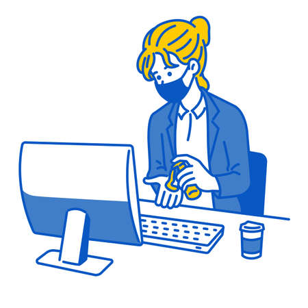 Female office worker wearing medical face mask and cleaning her hands with alcohol gel in protection. Outline, linear, thin line art, hand drawn sketch design, simple style.のイラスト素材