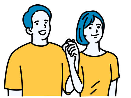 Happy young couple, holding hands, looking up in the air, with blank space for your design. Outline, linear, thin line art, hand drawn sketch design, simple style.のイラスト素材