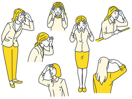 Woman looking forward with hand in forehead, in concept of searching and look to future. Vector illustration character set, outline, linear, thin line art, hand drawn sketch, simple style.のイラスト素材