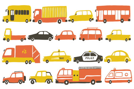 Car set illustration, cute cartoon style, simple design. transportation concept.のイラスト素材