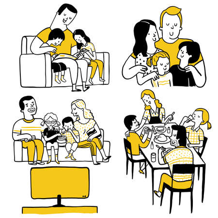 Doodle illustration collection of family member spending time together, reading book, watching TV, having dinner. Multi-ethnic, diversity, outline, linear, thin line art, hand drawn sketch design, simple style, cute and funny character.のイラスト素材