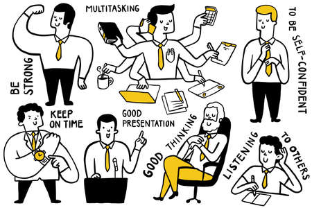 Doodle illustration chacter of businessman in various poses in business concept of being effective at work. To be strong, multitasking, self-confident, listening to others. Cute and funny style, simple design.のイラスト素材