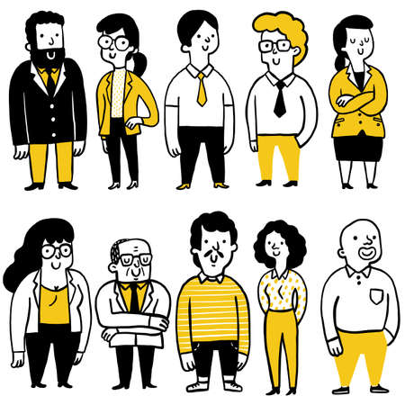 Doodle illustration collection of business people, diversity, full length, full body, multi-ethnic, happy expression. Outline, linear, thin line art, hand drawn sketch design, cute character.のイラスト素材