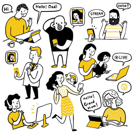 Doodle illustration of people connecting each other via social network, live streaming, and online video chat. Outline, linear, thin line art, hand drawn sketch design, simple style.のイラスト素材