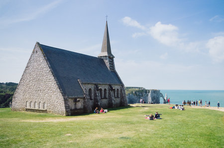 Cliffs of Etretat and chapel in Normandy, Franceのeditorial素材