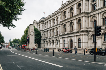 London, UK - August 18, 2015: Whitehall street in London a cloudy day with cetotaph war memorial and Foreign and Commonwealth Officeのeditorial素材