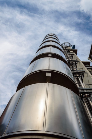LONDON, UK - AUGUST 21, 2015:  Low angle view of the stairs of Lloyd buildings  - home of insurance institution Lloyd of London. Like Pompidou Centre in Paris was designed by Rogers in 1986.のeditorial素材