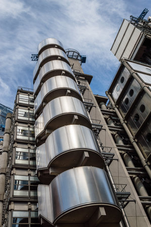LONDON, UK - AUGUST 21, 2015:  Low angle view of the stairs of Lloyd buildings  - home of insurance institution Lloyd of London. Like Pompidou Centre in Paris was designed by Rogers and completed on 1986.のeditorial素材
