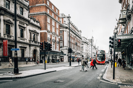LONDON, UK - AUGUST 24, 2015: View of Piccadilly Street. Piccadilly Street is a commercial  in the City of Westminster, London.のeditorial素材