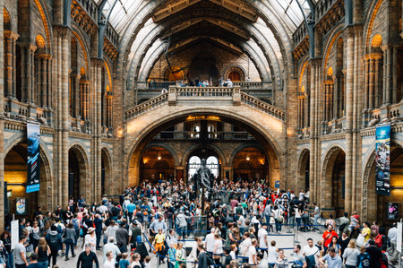 London, UK - August 19, 2015: Main hall of famous London Natural History Museum with tourists visitorsのeditorial素材