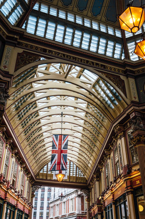 LONDON, UK - AUGUST 21, 2015:  Low angle view of the interior of Leadenhall Market. Leadenhall Market is one of the oldest markets in London.のeditorial素材