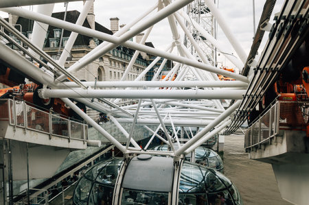 LONDON, UK - AUGUST 23, 2015: London Eye structural detail in a cloudy morning.のeditorial素材