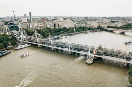LONDON, UK - AUGUST 23, 2015: Aerial view of London from London Eye. Hungerford and Golden Jubilee Bridgesのeditorial素材
