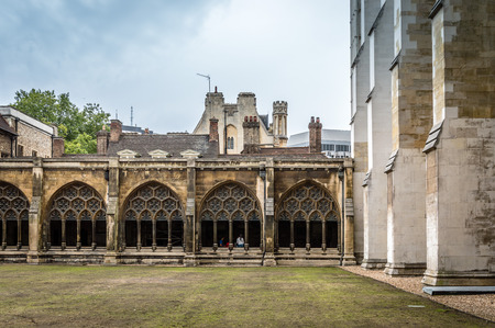 Cloister of The gothic Westminster Abbey  in London, UK. Cloudy day.