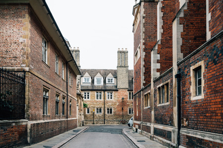Empty Street in Cambridge with red brick buildings a cloudy dayの写真素材