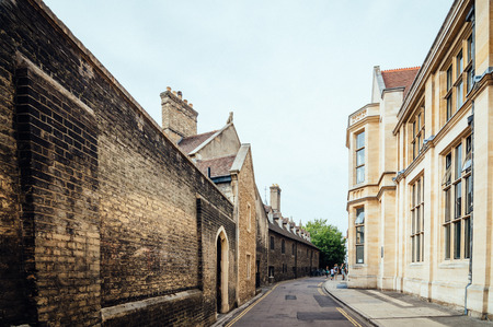 Empty Street in Cambridge with red brick buildings a cloudy dayの写真素材