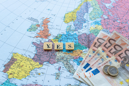 Yes word with euro money on european map. The United Kingdom European Union membership referendum on 23 June 2016の写真素材