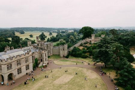 High angle view of Warwick Castle. It is a medieval castle built in 11th century by William the Conqueror and a major touristic attraction in UK.のeditorial素材