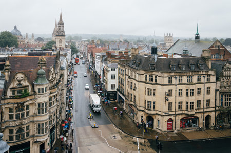 Oxford, UK - August 12, 2015: High angle view of Oxford a rainy day. The city is known as the home of the University of Oxford, the oldest university in the English speaking world.のeditorial素材