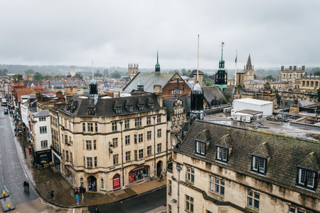 Oxford, UK - August 12, 2015: High angle view of Oxford a rainy day. The city is known as the home of the University of Oxford, the oldest university in the English speaking world.のeditorial素材