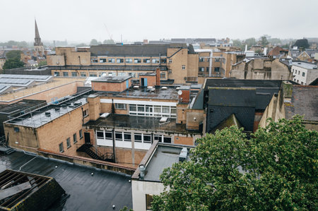 Oxford, UK - August 12, 2015: High angle view of Oxford a rainy day. The city is known as the home of the University of Oxford, the oldest university in the English speaking world.のeditorial素材