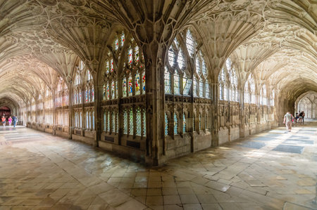 Gloucester, UK - August 17, 2015: Interior of the cloister of Cathedral Church of St Peter and the Holy and Indivisible Trinity. Gothic style.のeditorial素材