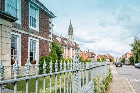 Salisbury, UK - August 16, 2015: Street in Salisbury near Cathedral a cloudy day. Salisbury is a cathedral city in Wiltshire, England.のeditorial素材