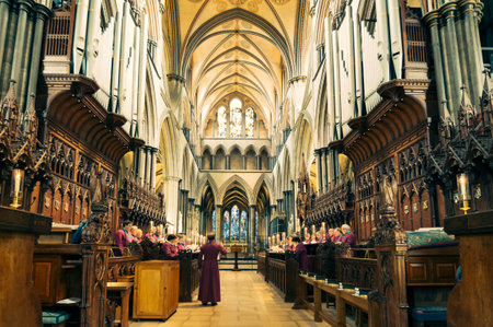 Salisbury, UK - August 16, 2015: Interior view of Salisbury Cathedral. Dedicated to the Blessed Virgin Mary, is an Anglican cathedral and one of the leading examples of Early English architecture.のeditorial素材