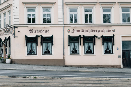 Munich, Germany - May 05, 2015: Facade of a typical restaurant in Munich. Beer and local food are served, typically at shared tables.のeditorial素材
