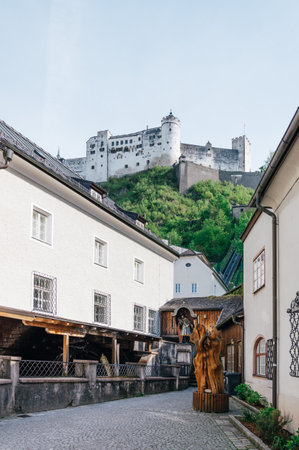 Salzburg, Austria - April 29, 2015:  Square in city centre. Salzburg is renowned for its baroque architecture and was the birthplace of Mozart. It is an Unesco World Heritage Site.のeditorial素材