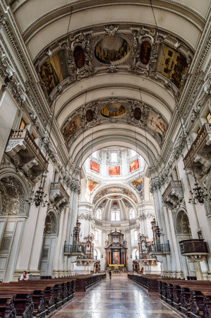 Salzburg, Austria - April 29, 2015:  Franciscan church. Interior view. Salzburg is renowned for its baroque architecture and was the birthplace of Mozart. It is an Unesco World Heritage Site.のeditorial素材
