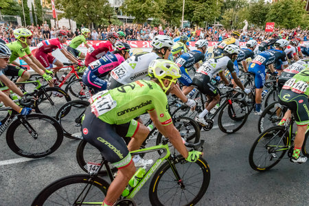 Madrid, Spain - September 11, 2016: Racers on the competition Tour of Spain (La Vuelta) in Madrid, last stage.のeditorial素材