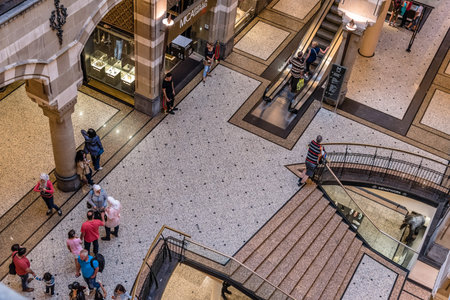 Amsterdam, Netherlands - August 1, 2016: High angle view of the lobby of Magna Plaza Shopping Center...