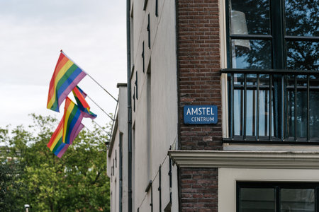 Amsterdam, Netherlands - August 1, 2016: Gay pride flags in a building in Amsterdam.のeditorial素材