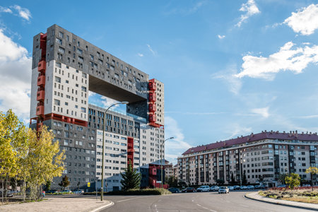 Madrid, Spain - November 13, 2016: Social housing by MVRDV architects. Mirador building is a collection of mini neighbourhoods stacked vertically around a semi-public sky-plaza.のeditorial素材