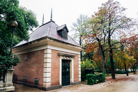 Madrid, Spain - November 20, 2016: Pavillion in Retiro Park a cloudy day. The Buen Retiro Park is a large and popular park at the edge of the city centre,のeditorial素材