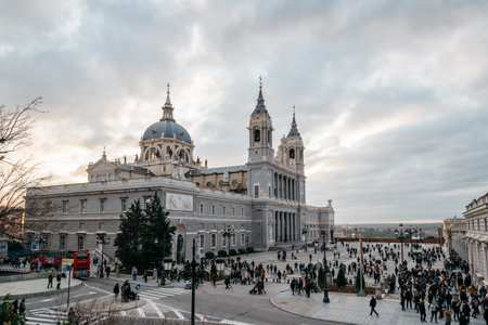 Madrid, Spain - November 13, 2016:   La Almudena is the Catholic cathedral in Madrid. Exterior view at sunsetのeditorial素材