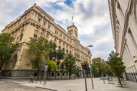 Madrid, Spain - November 16, 2014:  Montalban Street near Madrid City Hall. Low angle view.のeditorial素材