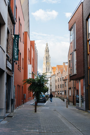 Antwerp, Belgium - July 28, 2016:  Street in Antwerp at sunset. It is a city in Belgium in the region of Flanders. It has the biggest port in Belgium.のeditorial素材