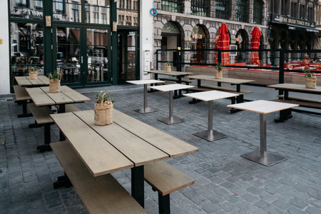 Antwerp, Belgium - July 28, 2016:  Terrace of a restaurant in the Grote Markt of Antwerp. It is located in the heart of the old city quarter.のeditorial素材