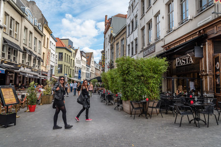 Antwerp, Belgium - July 28, 2016:  People in pedestrian street in Antwerp. It is a city in Belgium in the region of Flanders. It has the biggest port in Belgium.のeditorial素材