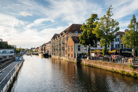 Mechelen, Belgium - July 29, 2016: Cityscape of Mechelen from the gangway on the canal. Mechelen is one of most prominent cities of historical art in  Flandersのeditorial素材