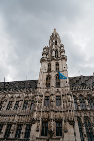 Brussels, Belgium - July 30, 2016: Town Hall Tower in The Grand Place of Brussels. The square is the most important tourist destination in Brusselsのeditorial素材
