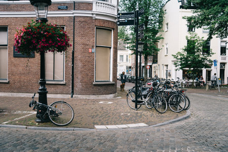 Utrecht, Netherlands - August 4, 2016: People and bicycles in street in historic centre of Utrecht, the Netherlandsのeditorial素材