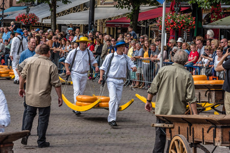 Alkmaar, Netherlands - August 5, 2016: Cheese market.  Alkmaar is well known for its traditional cheese market. For tourists, it is a popular cultural destinationのeditorial素材