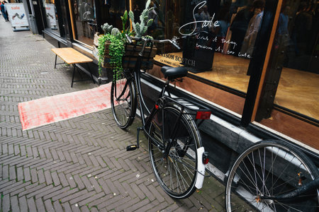 The Hague, The Netherlands - August 7, 2016: Bicycle parked in a store window of a store in a typical commercial street in the Hague. The Hague is the seat of the Dutch government and multiple international organizations.のeditorial素材