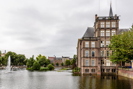 Hague, Netherlands - August 7, 2016:  Hofvijver, Court Pond, artificial lake beside the Binnenhof. Binnenhof  is a complex of buildings in the city centre of The Hague. Office of the Prime Minister and House of Representatives.のeditorial素材