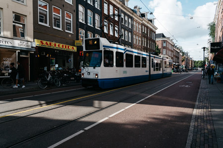 Amsterdam, Netherlands - August 09, 2016. Street in Oude Pijp, a neighborhood in Amsterdam, a cloudy day of summerのeditorial素材