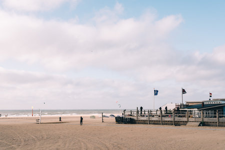 The Hague, The Netherlands - August 7, 2016: Beach bar a windy day in the beach of The Hagueのeditorial素材